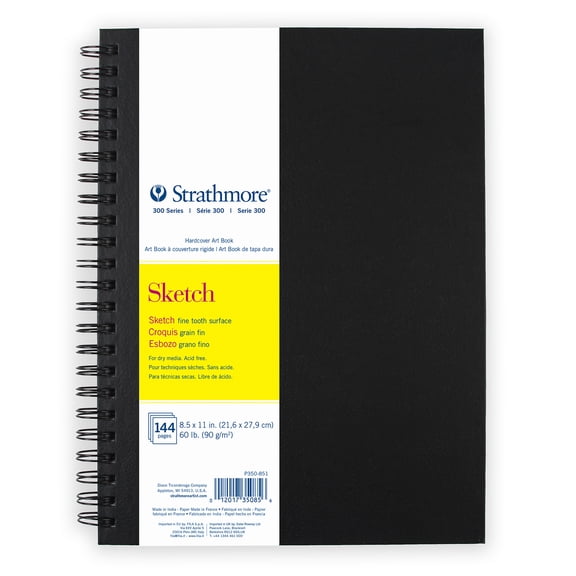 Strathmore 300 Series Sketch Paper Art Book, Black Hardcover & Side Wire Binding, 72 Sheets, White, 8.5x11 inch