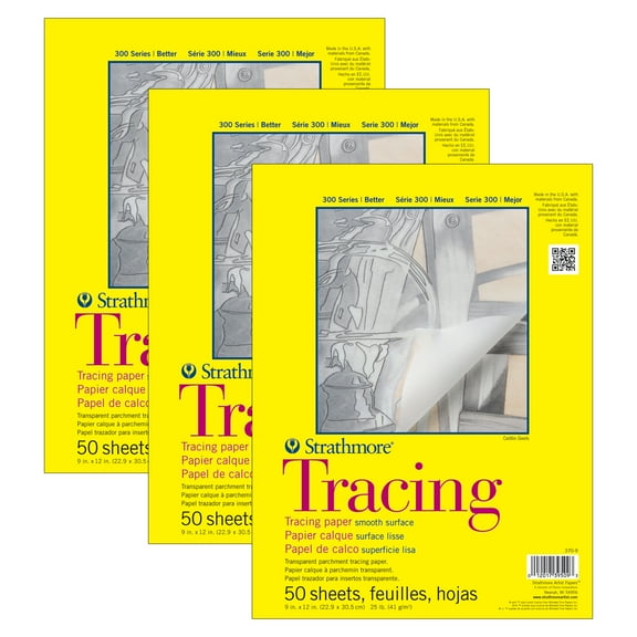 Strathmore 300 Series Tracing Pad, Tape Binding, 50 Sheet, 9x12 inch, Pack of 3