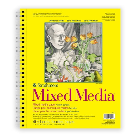 Strathmore 300 Side Spiral Binding Acid-Free Medium-Weight Mixed Media Pad, 90 lb, 11 X 14 in, 40 Sheets