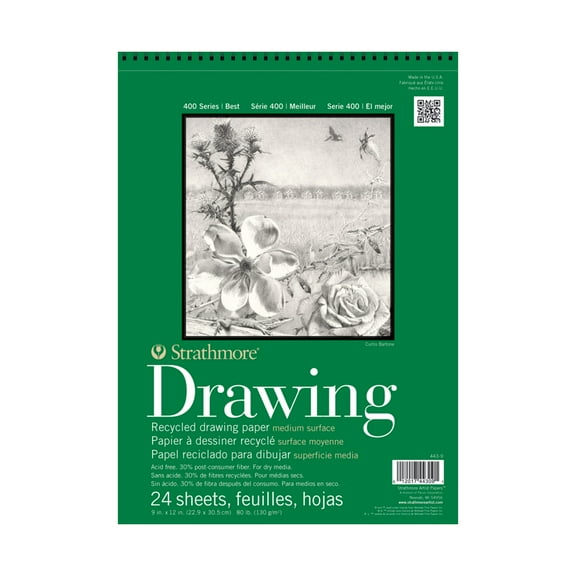 Strathmore Recycled Drawing Paper Pad, 400 Series, 24 Sheets, Spiral-Bound, 9 in x 12 in