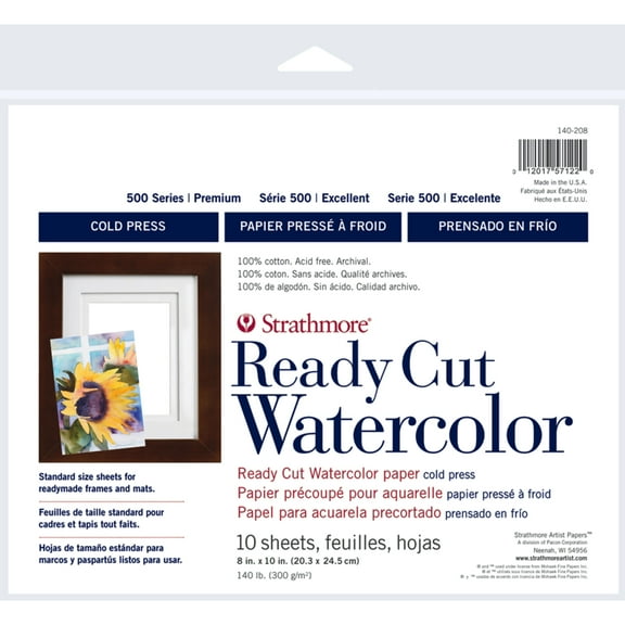 Strathmore Watercolor Paper Ready Cut Sheets, 500 Series Cold-Press, 8" x 10", 10 Sheets