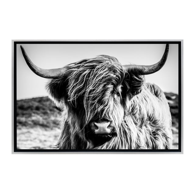 Stratton Home Decor Black and White Highland Cow Framed Canvas Wall Art