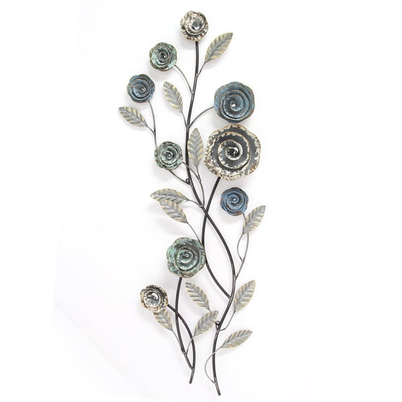 Stratton Home Decor Blue and White Blossoming Buds Floral Metal Wall Decor