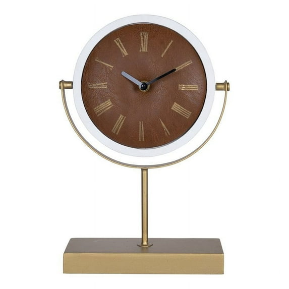 Stratton Home Decor Modern 8" Emmett Round White, Gold, and Faux Leather Tabletop Clock