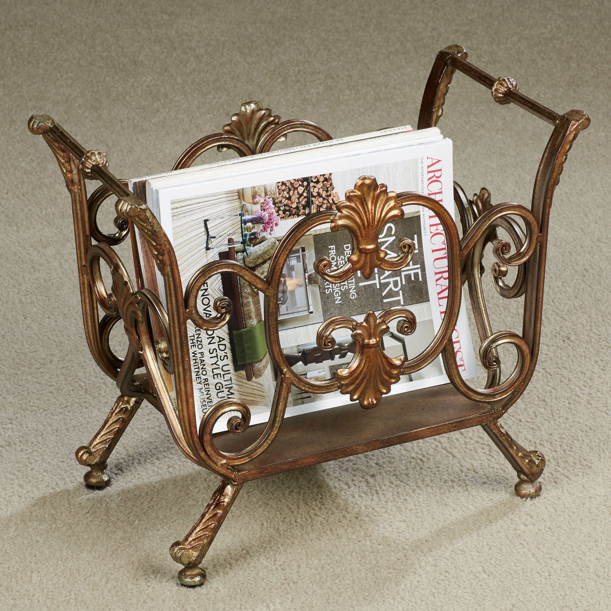 Bronze Freestanding Metal Magazine Rack with Scroll Design
