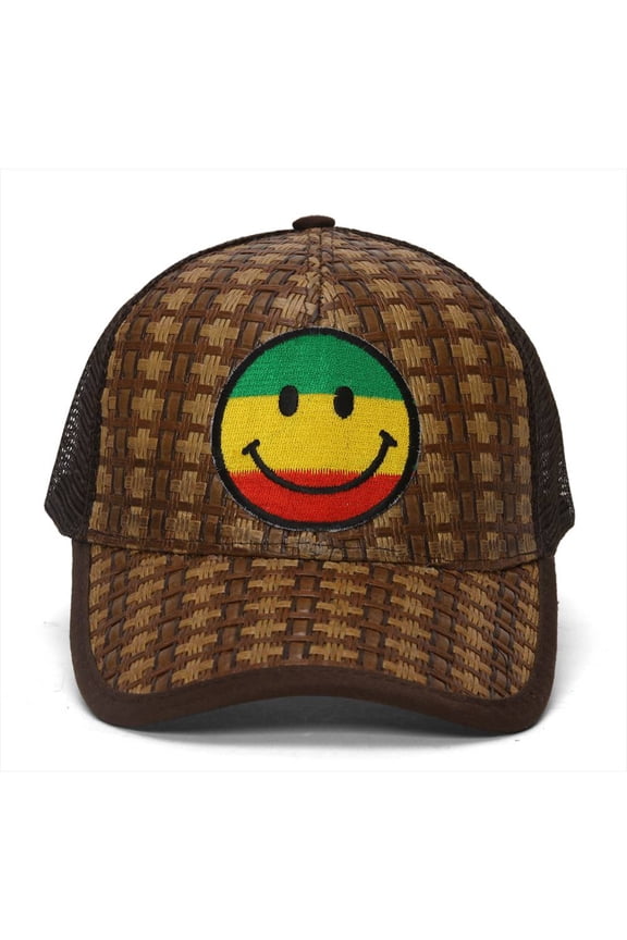 Straw Adjustable Trucker Hat w/ Patch - Rasta Smile Face