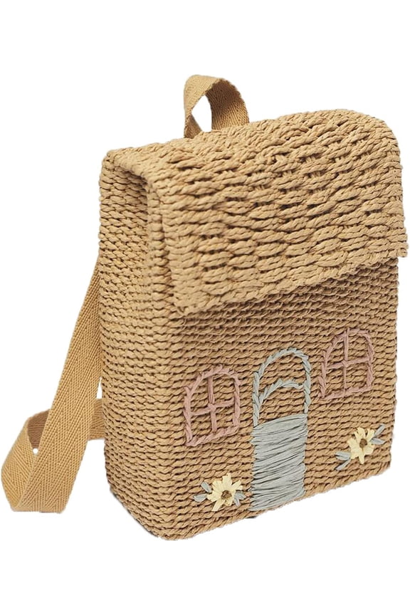 Straw Backpack Woven for Summer Beach And Day Trips With Shoulder Straps Small Size Khaki