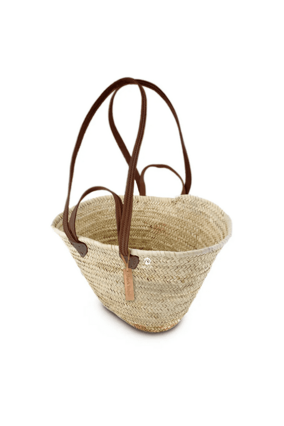 Straw Bag Natural Basket Flat Leather Handle Double