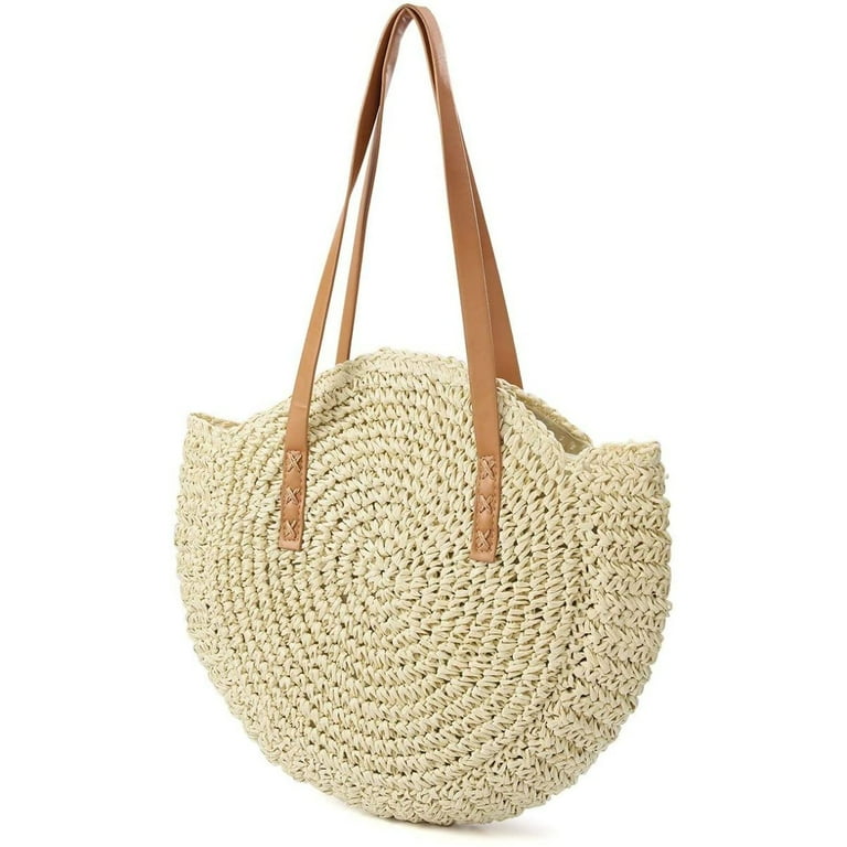 Straw Bag Round Woven Zippered Shoulder Bag Large Circle Tote Handwoven Handbags for Beach Vacation