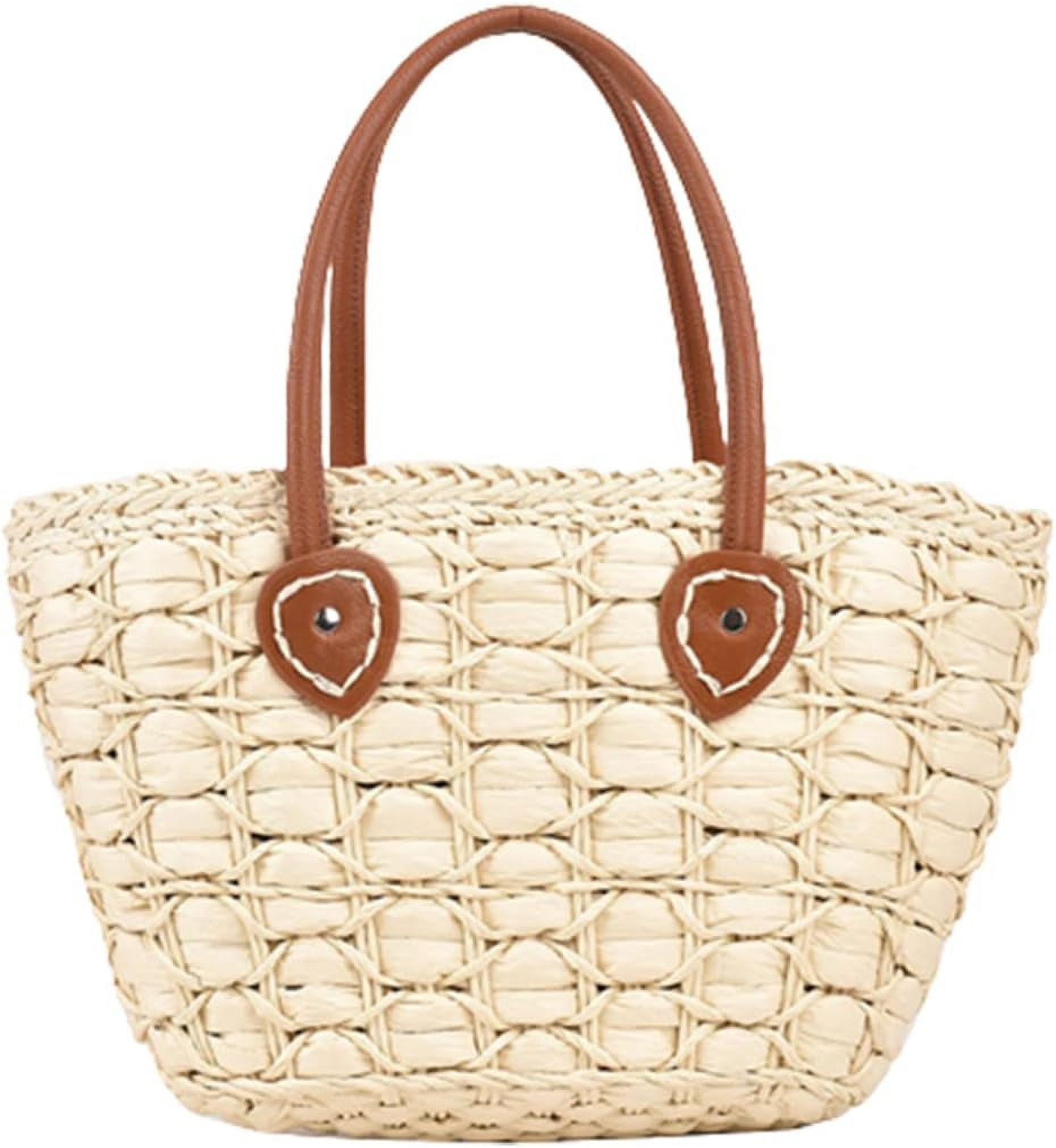 QTKJ Fashion Women Summer Straw Crossbody Bag With Cute Tassels Pendant, Hand-Woven Beach Shoulder Bag With Top Wooden Handle Tote Bag (Khaki