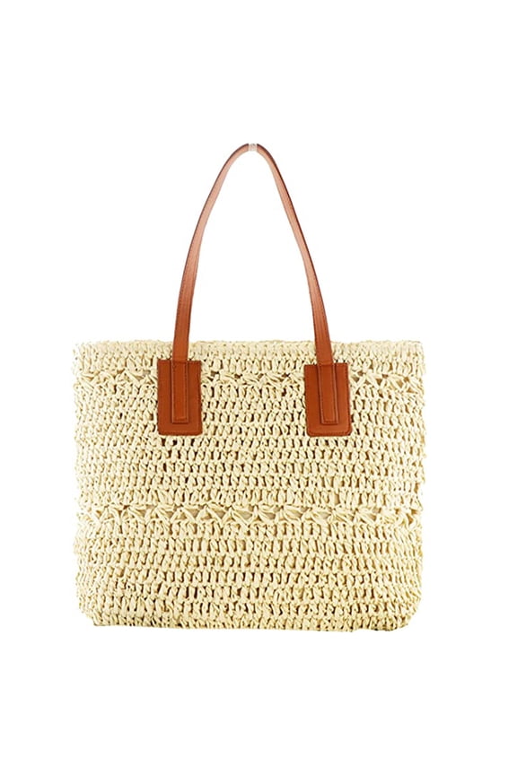 Straw Bag for Women Woven Beach Structured Tote Handmade Crochet Summer Shoulder Bohemian Travel - Beige