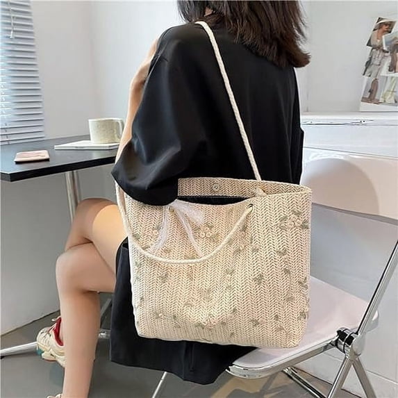 Straw Bags for Women, Shoulder Bag, Hobo Small Fresh Retro Casual Tote Bag for Daily, Elegant Bow Flower Shaped Decor Handbag is A Memorable Gift Idea for This Summer, White