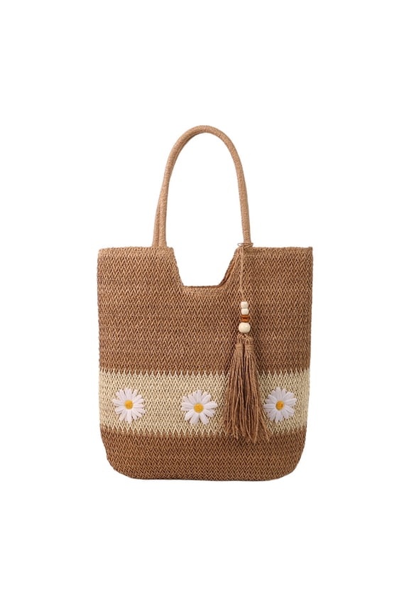 Straw Bags for Women, Daisy Woven Straw Beach Tote with Tassels Casual Shoulder Handbag (Brown)