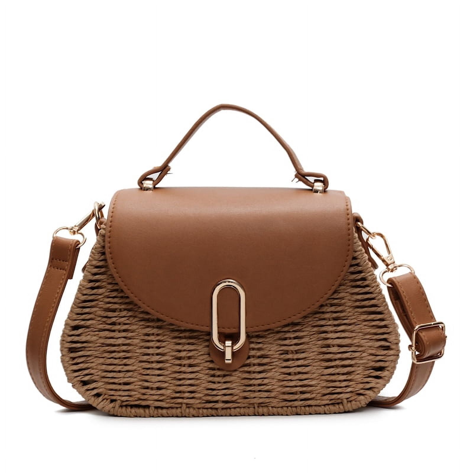 Straw Bags for Women, Handmade Straw & PU Crossbody Bag Summer Beach Shoulder Bag (Camel)