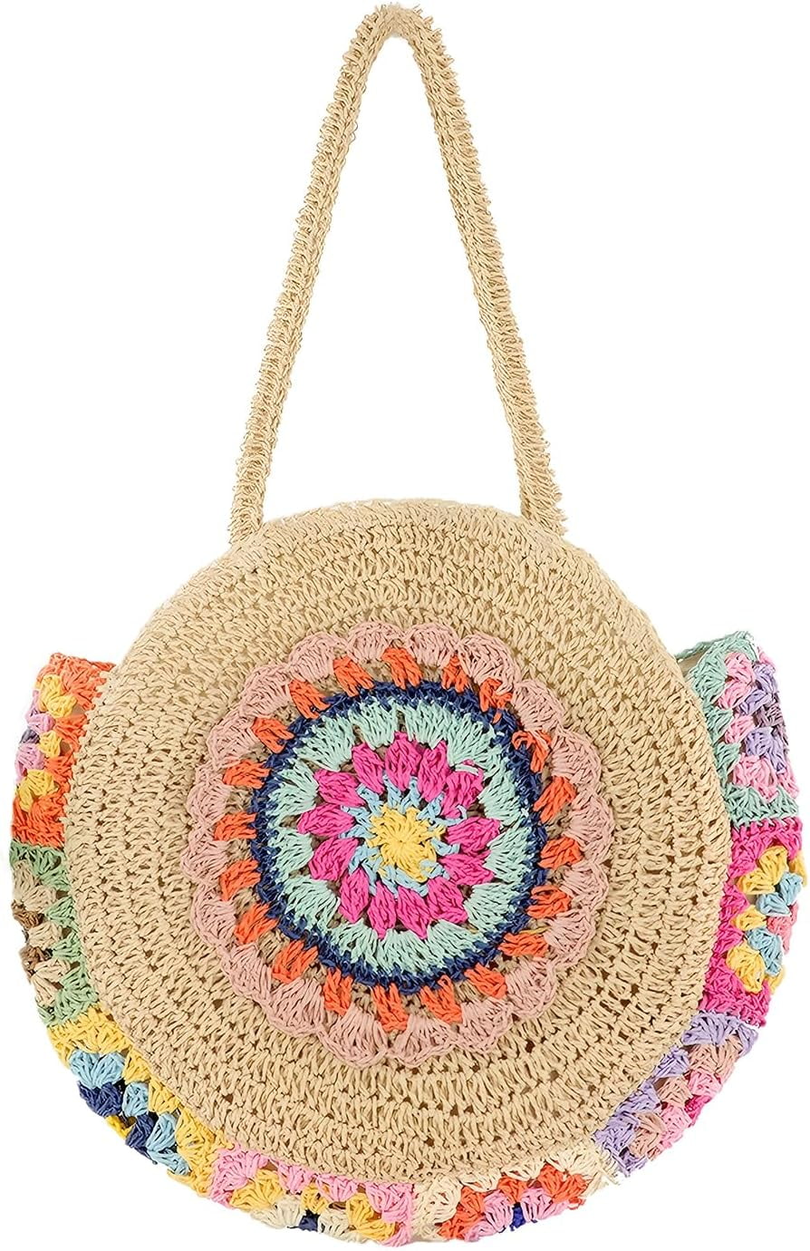Straw Bags for Women Large Beach Tote Bag Floral Crochet Woven Shoulder Purse Summer Handbag