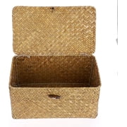 Straw Basket with Lid, Shelf Wardrobe Organizer for Shelf Organizer,Rattan Woven Basket Desktop Clothes Sundries Storage Box for Bedroom Home Decor,12.6 x 8.7 x