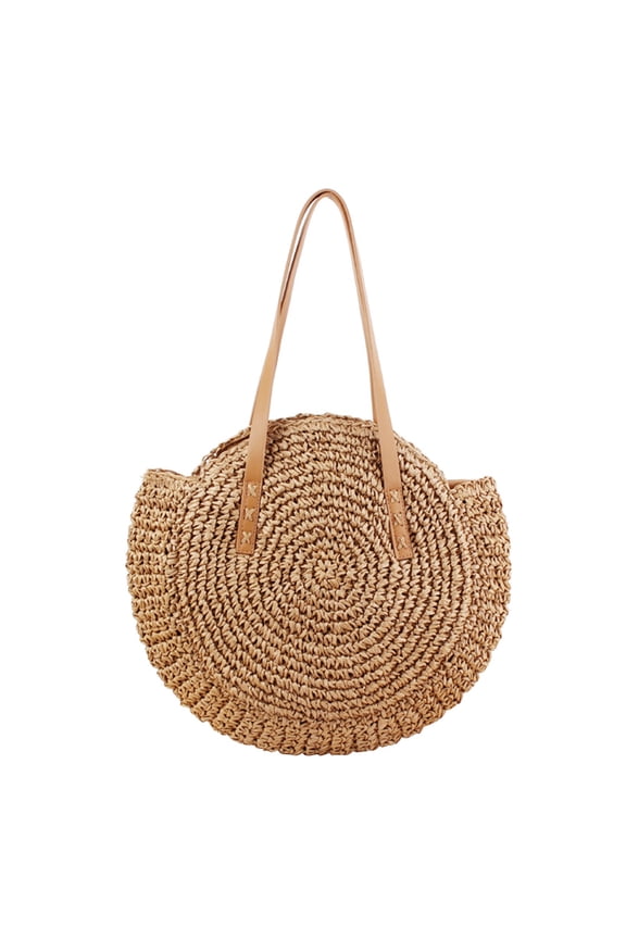 Handwoven Round Straw Beach Bag with Cotton Lining, Shoulder Tote Handbag for Women, Lightweight Beach Purse Camel