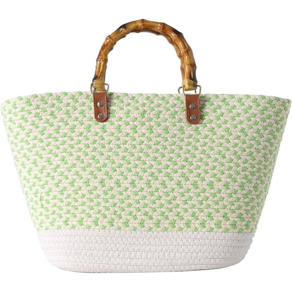 Straw Beach Bag, Straw Tote Bag for Women with Bamboo Handles Summer Vacation Woven Beach Bag Shoulder Handbag
