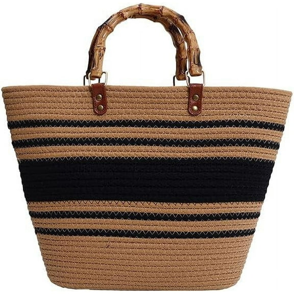 Straw Beach Bag, Straw Tote Bag for Women with Bamboo Handles Summer Vacation Woven Beach Bag Shoulder Handbag