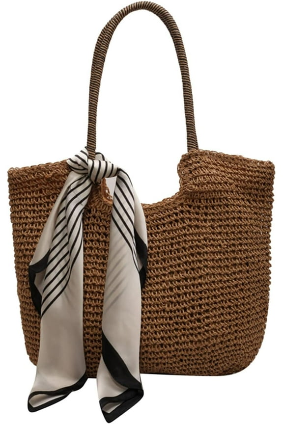 Straw Beach Bag, Summer Woven Tote Bag with Silk Scarf Large Shoulder Handbag Straw Purses and Handbags for Women