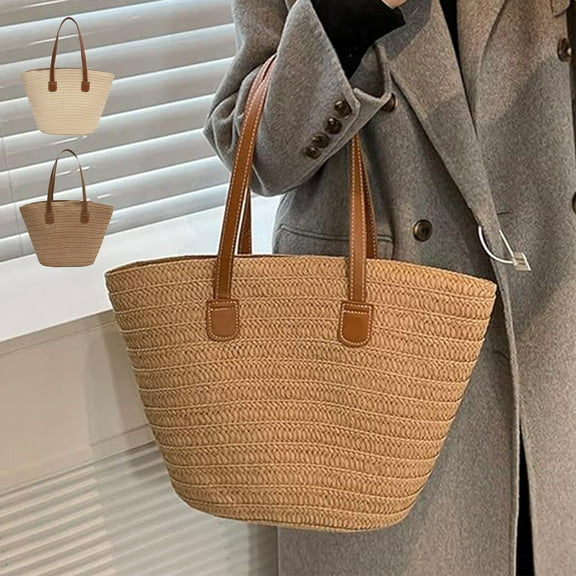 Straw Beach Bag Women’s Woven Tote | Khaki Shoulder Purse | Large 17"x11" | Zipper Closure | Paper Rope Leather | Summer Travel Handbag | Lightweight, Durable, Stylish, Multipurpose