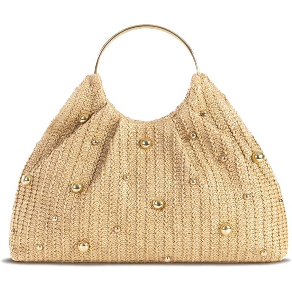Straw Beach Bag for Women, Boho Raffia Handbag with Ring Handle