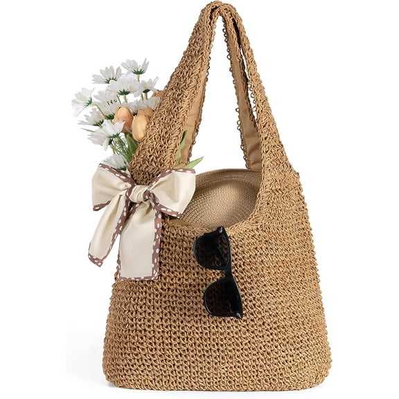 Straw Beach Bag for Women - Handmade Raffia Woven Tote Handbag, Summer Mesh Beach Purse for Vacation Holiday Gift 2025