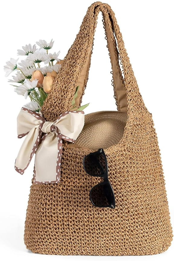 Straw Beach Bag for Women - Handmade Raffia Woven Tote Handbag, Summer Mesh Beach Purse for Vacation Holiday Gift 2025