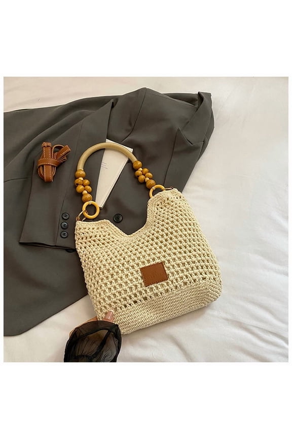 Straw Beach Bag for Women - Handmade Raffia Woven Tote Handbag, Summer Mesh Beach Purse for Vacation Holiday