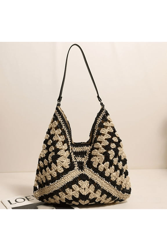 Straw Beach Bag for Women Summer Woven Beach Tote Bag Shoulder Handbags Boho Bag, (Black) 14.96x10.63"