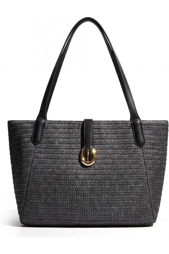 Straw Beach Bag for Women, Woven Raffia Summer Tote with Leather Handles, Boho Vacation Resort Tote Bag