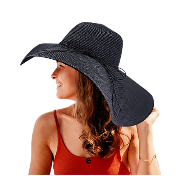 Straw Beach Hat Sun Hat for Women Wide Brim Floppy Hats Foldable Roll up Cap Beach Accessories Black