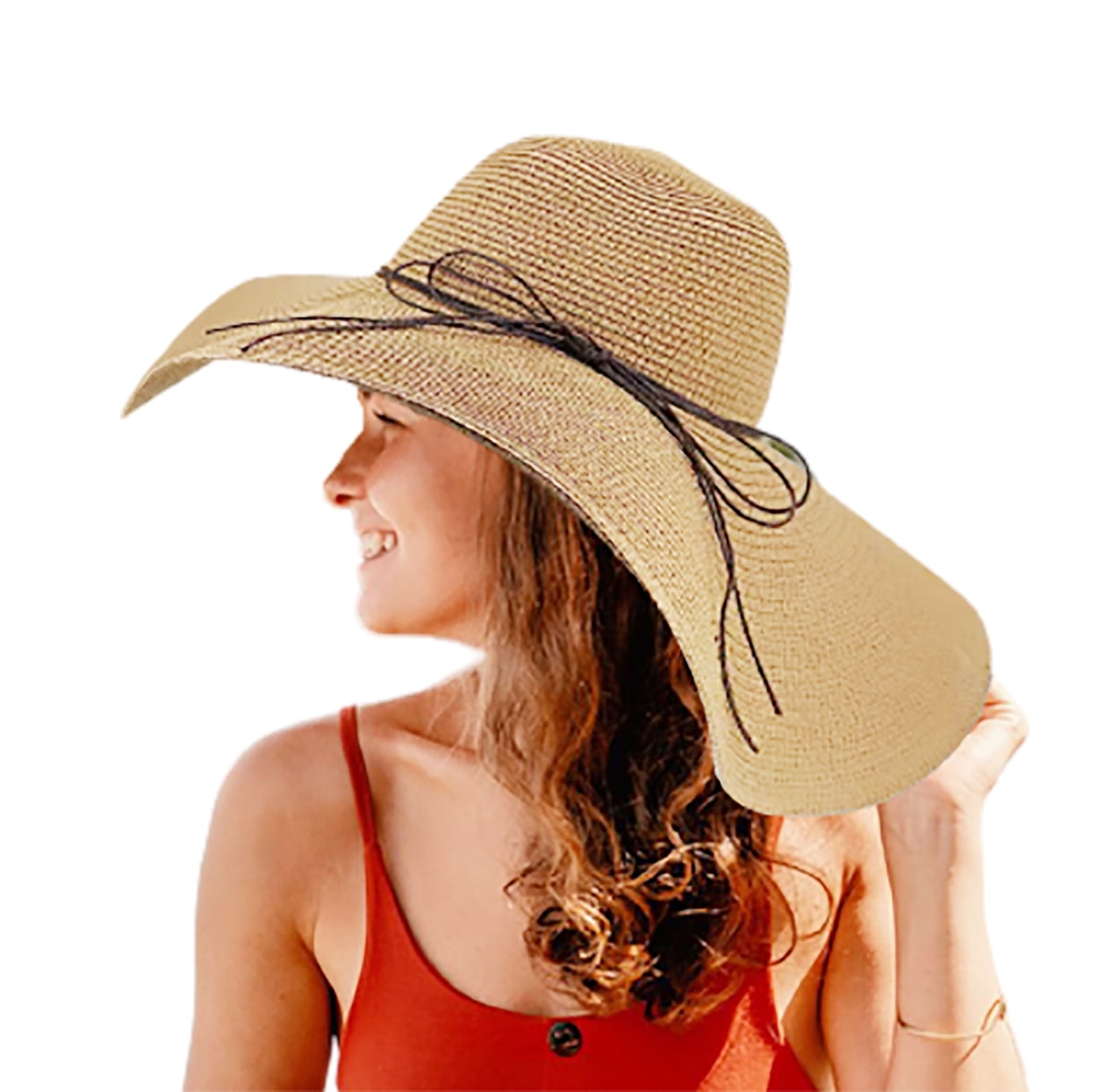 Natural Straw Hat Womens Tan Straw Sun Wide Brim Woven Beach Resort Travel FURTALK Wide Brim Straw Sun Visor Hat for Women - UV UPF  main image 3