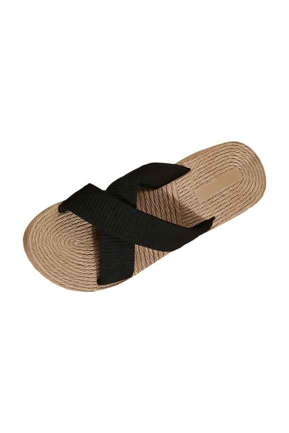 Straw Beach Sandals Summer Strap Slides Slingback Open Toe Flats Woven Outdoor Sandals for Women