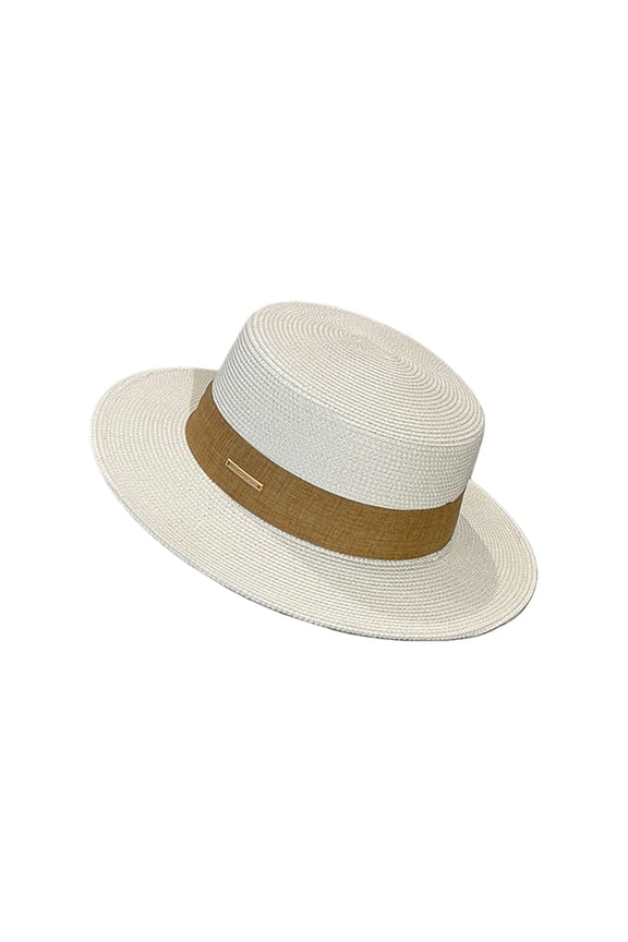 Straw Beach Sun Hat Pork-Pie Boater-Hat for Women Men - Summer Wide Brim Uv-Rays Panama Hat - White