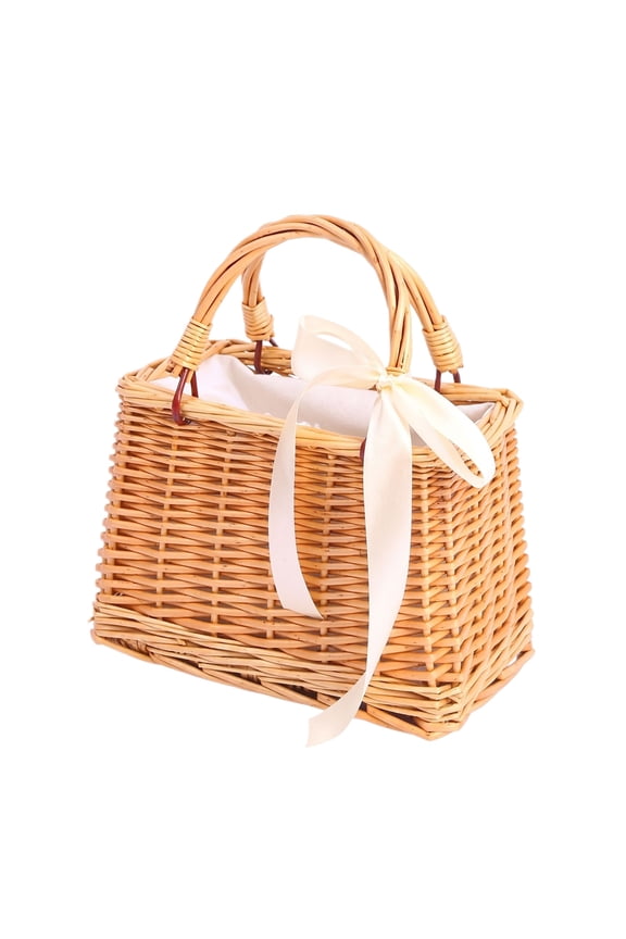 Straw Beach Tote Bag Handwoven Wicker Straw Purse Ribbon Accent Rattan Basket Tote Summer Woven Handbag Square Open Top Wicker Basket Satchel Dual Grip Floral Lining Straw Handbag