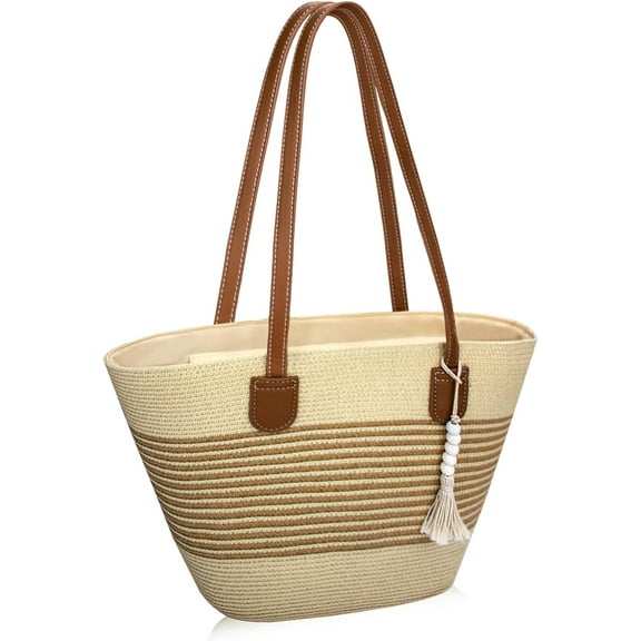 Straw Beach Tote Bag for Women, Large Woven Purse with Zipper for Summer Travel, Beach Vacation Shoulder Bag