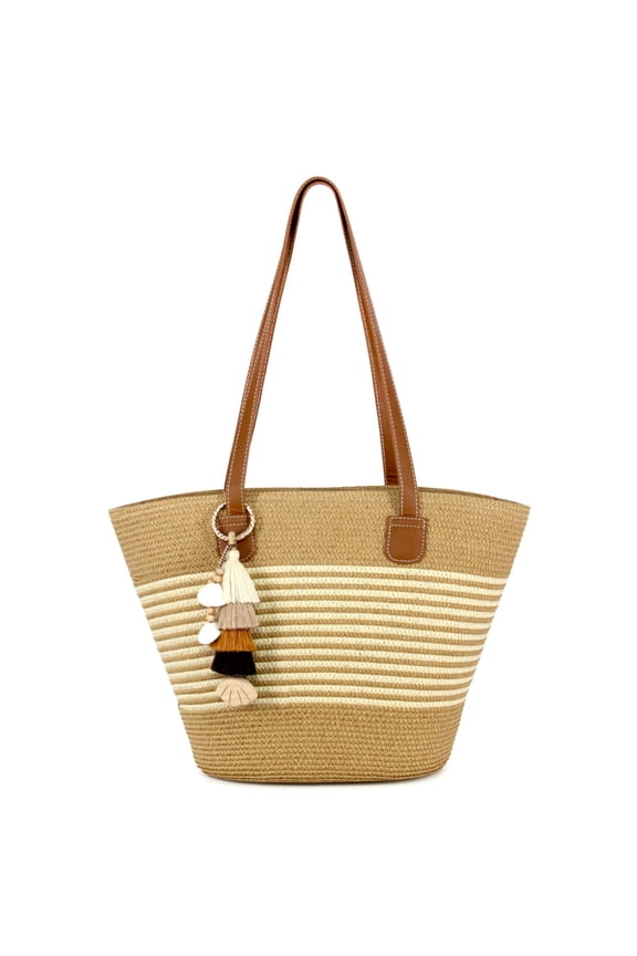 Straw Beach Tote Bag with Tassel Hat Clip for Travel, Handmade Lightweight Raffia Hobo Summer Shoulder Bag for Women