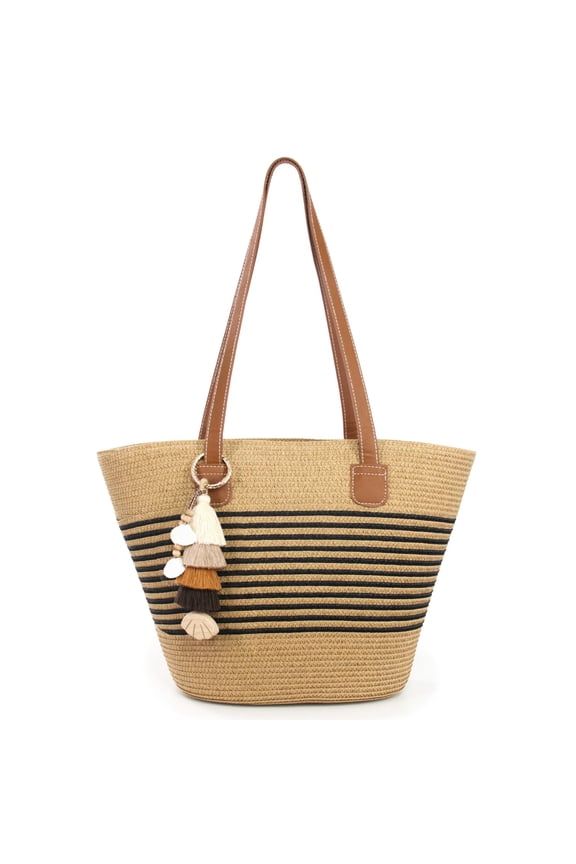 Straw Beach Tote Bag with Tassel Hat Clip for Travel, Handmade Lightweight Raffia Hobo Summer Shoulder Bag for Women