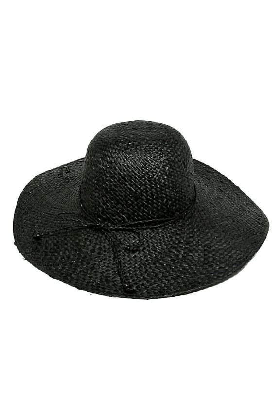 Straw Big Rim Hats - Raffia Straw Woven w/ Beads String Rounded - Black - HT-ST273BK
