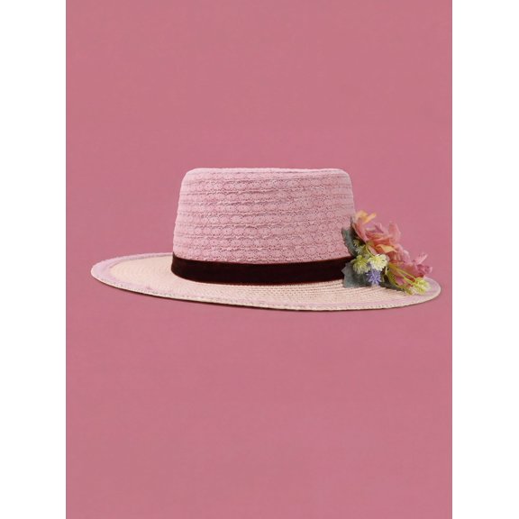 Straw Boater Hat for Women, Vintage Style Summer Hat with Floral Accent, Boho Wide Brim Hat, Garden Party Hat, Wedding Guest Headwear