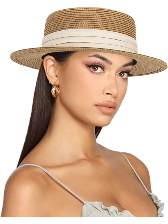 Straw Boater Summer Sun Hat - Wide Brim Fedora Panama Beach Hat for Women