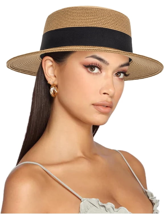Straw Boater Summer Sun Hat - Wide Brim Fedora Panama Beach Hat for Women