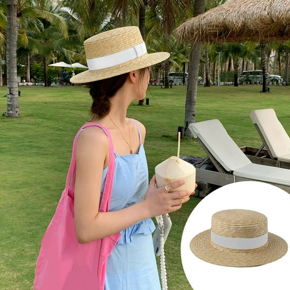 Straw Boater Summer Sun Hat - Wide Brim Fedora Panama Summer Beach Hat for Men Women