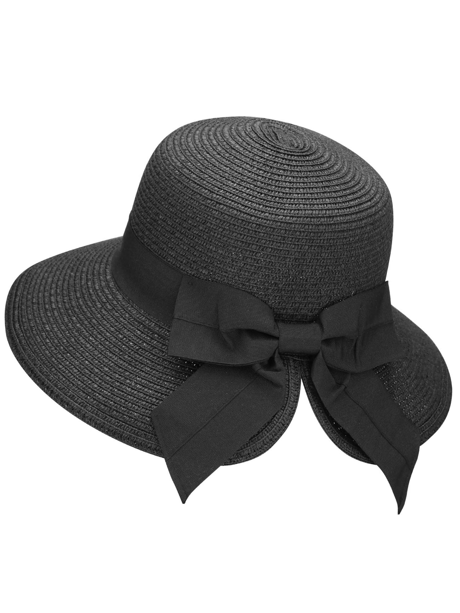 Womens Adjustable Wide Brim Straw Sun Hat Bow Foldable