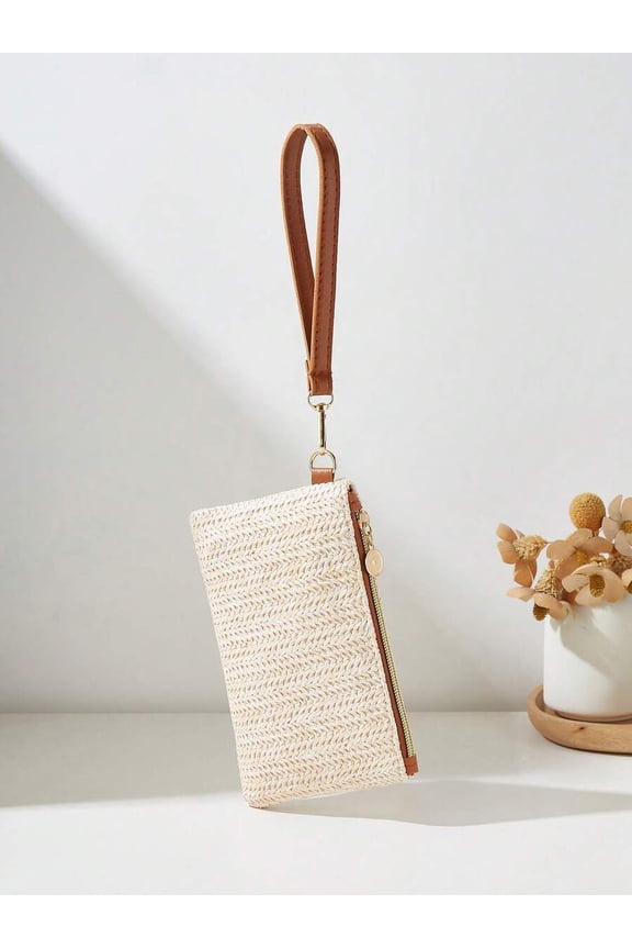 Straw Brown Woven Raffia Clutch With Leather Wrist Strap And Zipper Closure