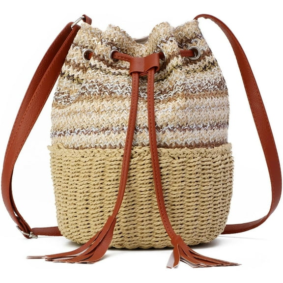 Straw Bucket Bag for Women Colorful Summer Woven Beach Bag Handbag for Vacation Shoulder Handbag Beach Tote Bag