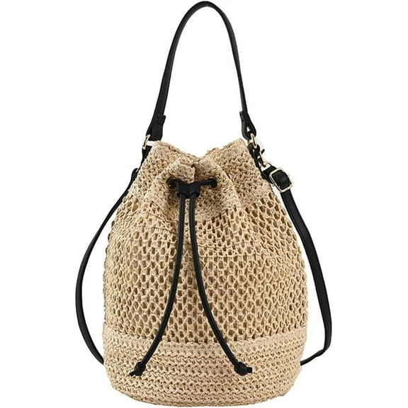 Straw Bucket Bag for Women, Summer Woven Beach Bag Drawstring Hobo Bucket Purses Handbag for Vacation