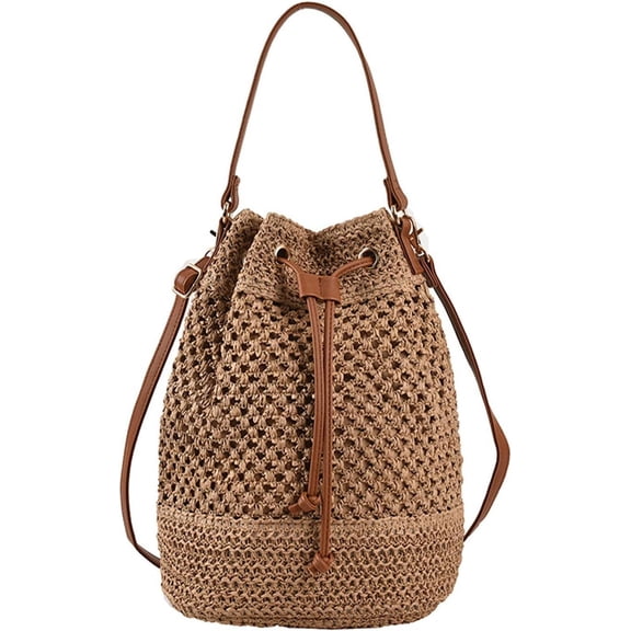 Straw Bucket Bag for Women, Summer Woven Beach Bag Drawstring Hobo Bucket Purses Handbag for Vacation