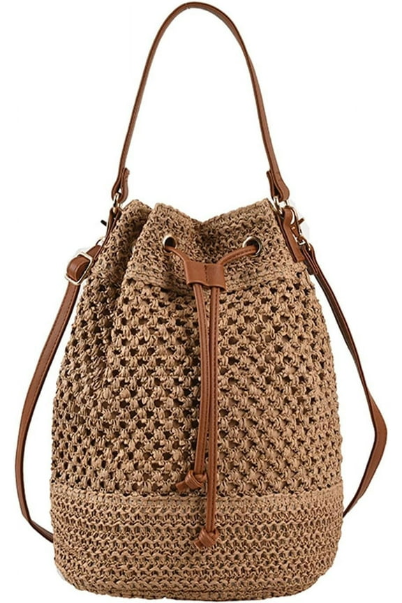 Straw Bucket Bag for Women, Summer Woven Beach Bag Drawstring Hobo Bucket Purses Handbag for Vacation